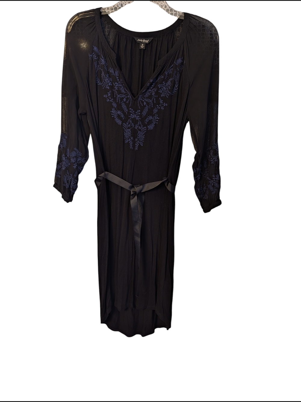 Lucky Brand Black Dress with Blue Floral Embroidery and Satin Belt